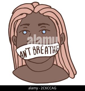 I can't breathe text on white isolated backdrop. Afro woman in mask blm activist for invitation card, social banner, news blog, flyer. Phone case or c Stock Vector