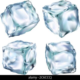 Ice cubes transparent vector 3d illustration realistic set. Water freeze Clip art for your design. Stock Vector