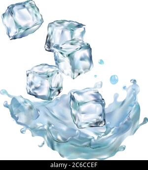 Ice cubes transparent vector 3d illustration realistic set. Water freeze Clip art for your design. Stock Vector