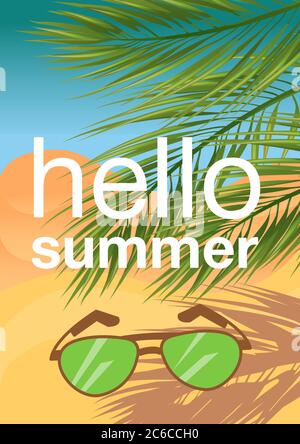 Tropical summer vacation background vector. Hello summer! Palm leaves on the beach with the ocean, sunset. Stock Vector
