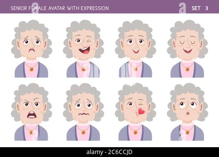 Grandma facial emotion set. Senior female cartoon style character with different expressions. Part 3 of 6. Stock Vector