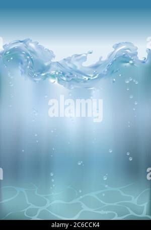 Pure water with clear bubbles under the water 3d realistic illustration, underwater blue ocean background. Banner with with horizon water surface. Stock Vector