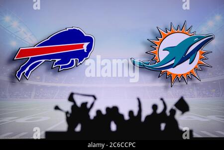 Buffalo Bills vs. Miami Dolphins. NFL Game. American Football League match.  Silhouette of professional player celebrate touch down. Screen in backgrou  Stock Photo - Alamy