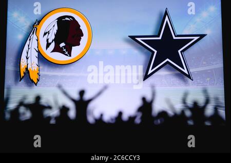 Washington Redskins vs. Dallas Cowboys. Fans support on NFL Game.  Silhouette of supporters, big screen with two rivals in background Stock  Photo - Alamy