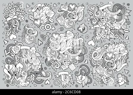 Hand drawn sketchy doodles for love and Valentine s Day objects and ...