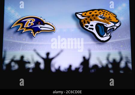 Baltimore Ravens vs. Jacksonville Jaguars. Fans support on NFL Game.  Silhouette of supporters, big screen with two rivals in background Stock  Photo - Alamy