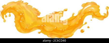 Orange juice splash wave in vector 3d realistic. Liquid fresh fruits drops. Elements for your design pictures isolated. Stock Vector