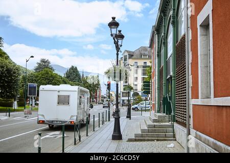 Lourdes, France - June 18, 2018: Caravan car on the city street Stock Photo