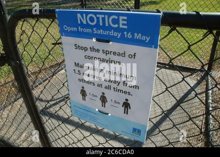 Stop Spread of Coronavirus Notice, Kev Hooper Memorial Park, Inala, Brisbane, Queensland, Australia. Stock Photo