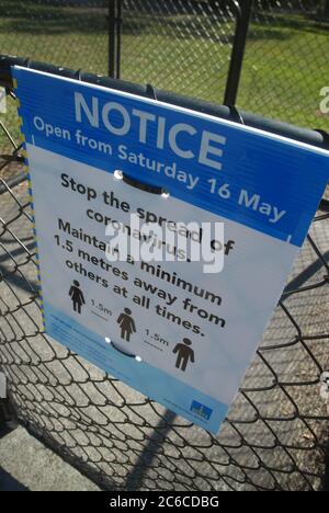 Stop Spread of Coronavirus Notice, Kev Hooper Memorial Park, Inala, Brisbane, Queensland, Australia. Stock Photo