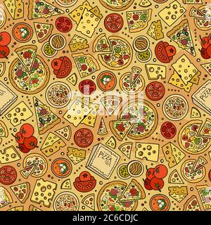 Cartoon cute hand drawn Pizza seamless pattern. Stock Vector