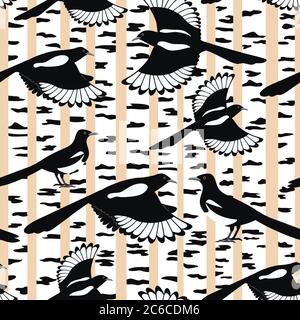 Seamless pattern with magpies birds flying in a birch forest. Vector illustration. Stock Vector
