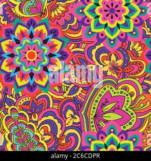 Colorful seamless pattern with plants and floral elements. Bright psychedelic background. Vector illustration. Stock Vector
