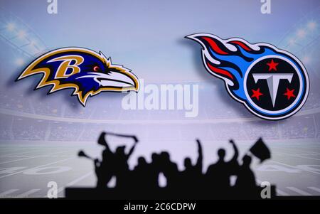 Baltimore Ravens vs. Tennessee Titans . NFL Game. American Football League  match. Silhouette of professional player celebrate touch down. Screen in ba  Stock Photo - Alamy