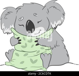 Koala bear vector is sleeping with a pillow. Pattern of leaves of eucalyptus. Print for pajama, pillow, nightgown. Stock Vector