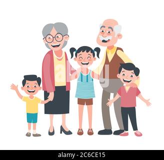 Grandparents and three grandchildren portrait. Grandparents day concept. Vector illustration in cartoon style, isolated on white background. Stock Vector