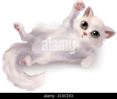 White kitten in vector 3d realistic, Isolated on white background. Fluffy cat character. Stock Vector