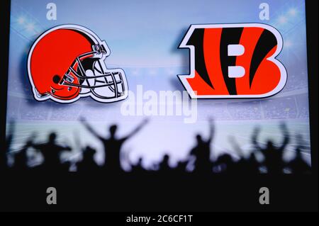 Cleveland Browns vs. Cincinnati Bengals . NFL Game. American Football  League match. Silhouette of professional player celebrate touch down.  Screen in Stock Photo - Alamy