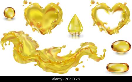 Oil splash drop capsule vector isolated on white background with transparency. The wave of the oil liquid heart yellow. Vegetable, olive, machine Stock Vector