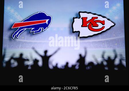 Buffalo Bills vs. Kansas City Chiefs. NFL match poster. Two american  football players silhouette facing each other on the field. Clubs logo in  background. Rivalry concept photo. Stock Photo