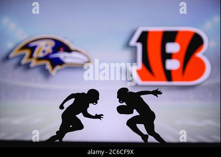 Baltimore Ravens vs. Cincinnati Bengals. NFL match poster. Two american  football players silhouette facing each other on the field. Clubs logo in  back Stock Photo - Alamy