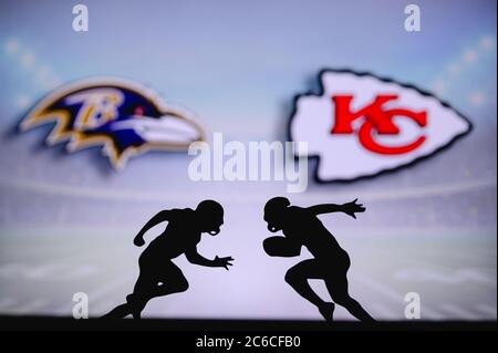 Baltimore Ravens vs. Kansas City Chiefs. NFL match poster. Two american  football players silhouette facing each other on the field. Clubs logo in  back Stock Photo - Alamy