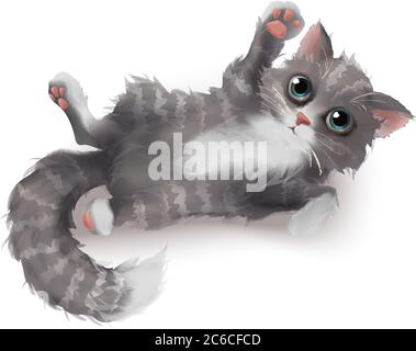 Gray white striped kitten in vector 3d realistic, Isolated on white background. Fluffy cat character. Stock Vector