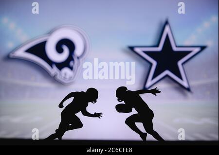 Los Angeles Rams vs. Dallas Cowboys. NFL match poster. Two american football players silhouette facing each other on the field. Clubs logo in backgrou Stock Photo