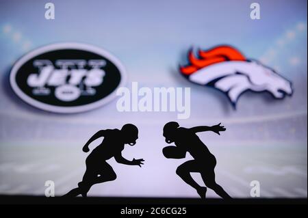 Buffalo Bills vs. New York Jets. NFL match poster. Two american football  players silhouette facing each other on the field. Clubs logo in background  Stock Photo - Alamy