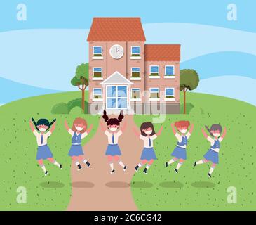 Girls kids with uniforms and medical masks jumping in front of school design, Back to school and social distancing theme Vector illustration Stock Vector