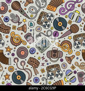 Cartoon hand-drawn musical instruments seamless pattern Stock Vector