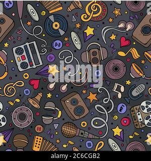 Cartoon hand-drawn musical instruments seamless pattern Stock Vector