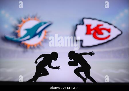 Tampa Bay Buccaneers Vs. Kansas City Chiefs. NFL Match Poster. Two American  Football Players Silhouette Facing Each Other On The Field. Clubs Logo In  Background. Rivalry Concept Photo. Stock Photo, Picture and