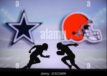 Dallas Cowboys vs. Cleveland Browns. NFL match poster. Two american football players silhouette facing each other on the field. Clubs logo in backgrou Stock Photo