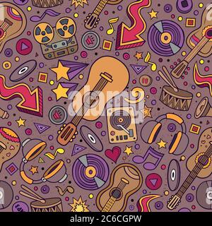 Cartoon hand-drawn musical instruments seamless pattern Stock Vector