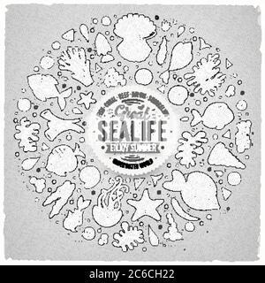 Set of Sealife cartoon doodle objects, symbols and items Stock Vector