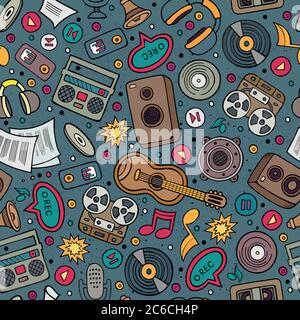 Cartoon hand-drawn musical instruments seamless pattern Stock Vector