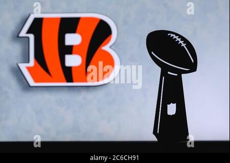 Cincinnati Bengals professional american football club, silhouette of NFL  trophy, logo of the club in background Stock Photo - Alamy