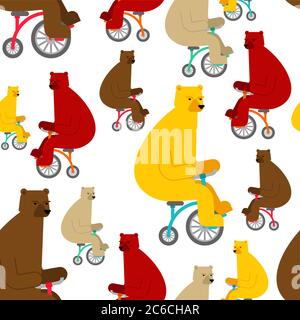 Bear on bicycle pattern seamless. Beast rides bicycle background. Baby fabric texture Stock Vector