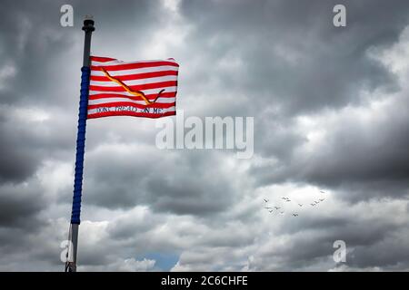 The Union Jack on the bow of a US Navy ship in Yokosuka, Japan. Stock Photo