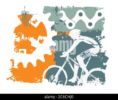 Cyclist and bicycle parts bacground. Colorful grunge stylized illustration with cyclist and bicycle parts. Vector available. Stock Vector