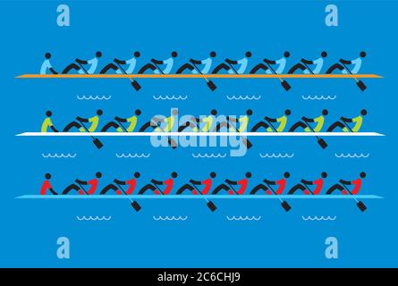 Rowing race, eights. Stylized illustration of three boats,rowers competitors on blue background.Vector available. Stock Vector