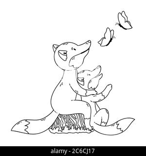 Two foxes are looking at the butterflies. Cartoon forest animals parent with baby. Mother's and Father's Day card. Vector outline illustration isolate Stock Vector