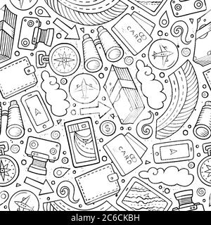 Cartoon Traveling seamless pattern with lots of objects Stock Vector
