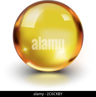 Oil gold glass ball isolated in vector on white background. Cosmetic pill capsule of vitamin E, A, Argan oil, Almond, cod liver, Omega 3, fish. Stock Vector