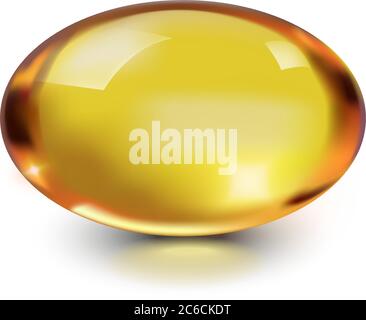 Oil capsule gold oval bubble isolated on white background. Cosmetic vitamin E, A, Omega 3. Antibiotic gel pill icon template for liver, fish. Stock Vector