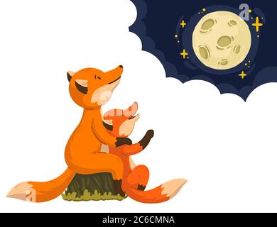 Two foxes are looking at the moon in the clouds. Cartoon forest animals parent with baby. Mother's Day and Father's Day card. Vector illustration isol Stock Vector