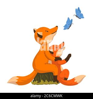 Two foxes are looking at the butterflies. Cartoon forest animals parent with baby. Mother's and Father's Day card. Vector illustration isolated on whi Stock Vector