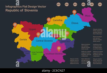 Infographics Slovenia map, flat design colors, names of individual administrative division, blue background with orange points vector Stock Vector