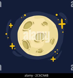 Full moon with craters and pattern around bright stars bewitching blue night sky. Science astronomy Earth satellite in space. Vector illustration isol Stock Vector